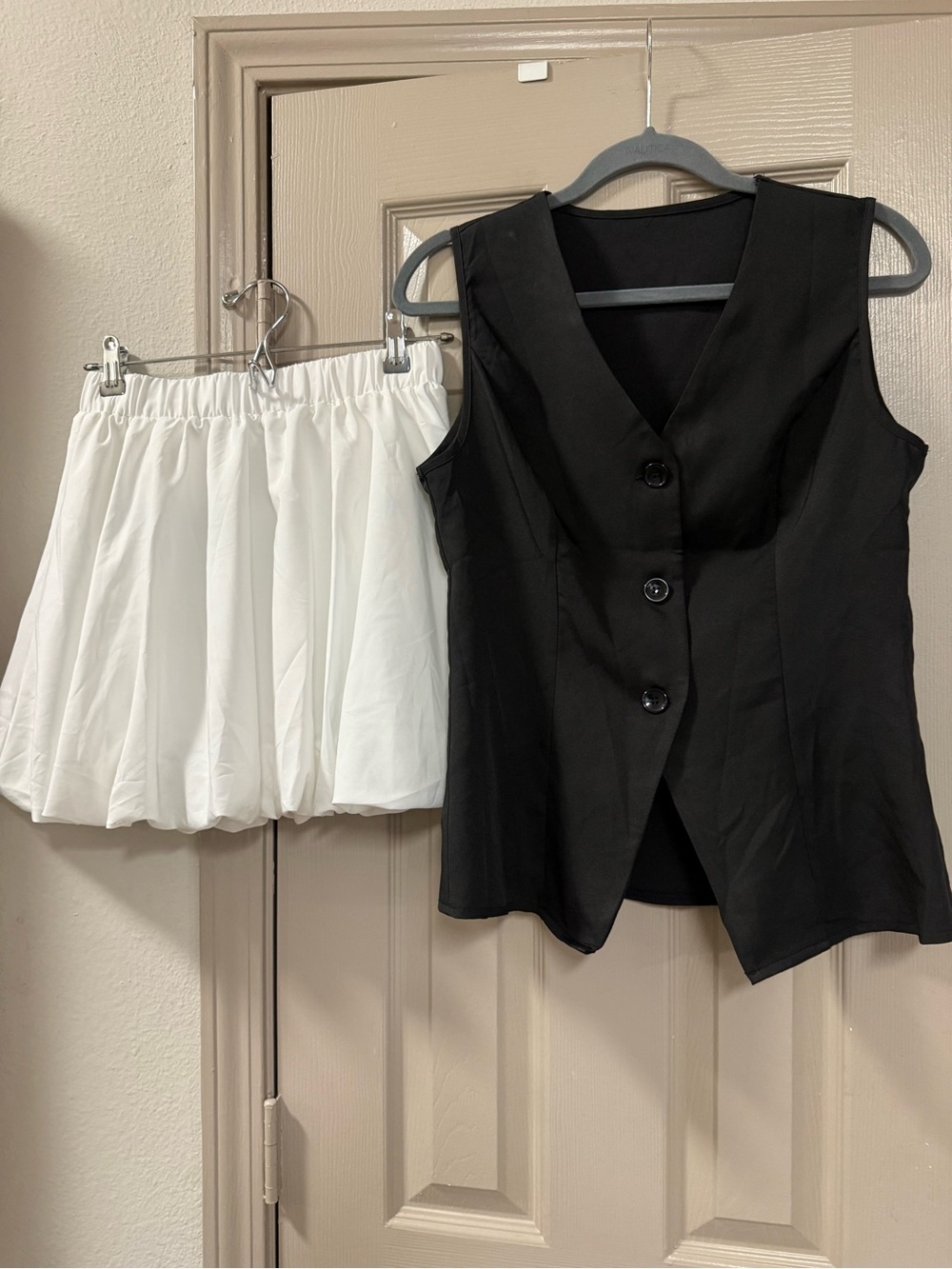 SHEIN Black Button Front Vest with White Mini Skirt Set